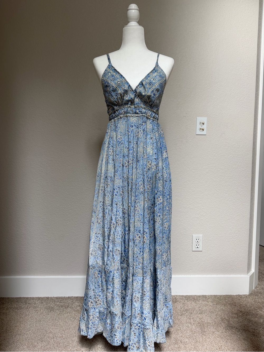 Blue Floral Print Maxi Dress with Adjustable Spaghetti Straps